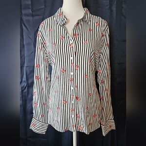 New Jane & Delancey Stripes and Embroidered Hearts Shirt Size L